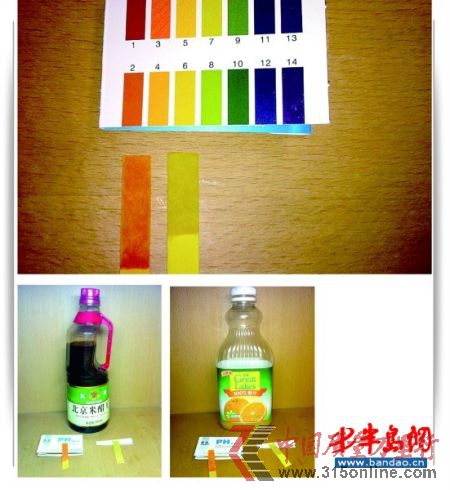 1.測過橙汁的專業(yè)PH 試紙(左)和附贈(zèng)的試紙(右) 2.測過米醋后的結(jié)果 3.測過橙汁后的結(jié)果